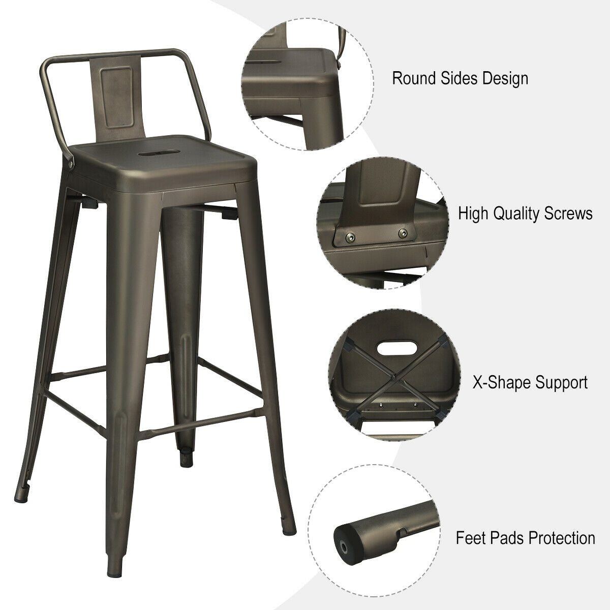 30 Inch Set of 4 Metal Counter Height Barstools with Low Back and Rubber Feet