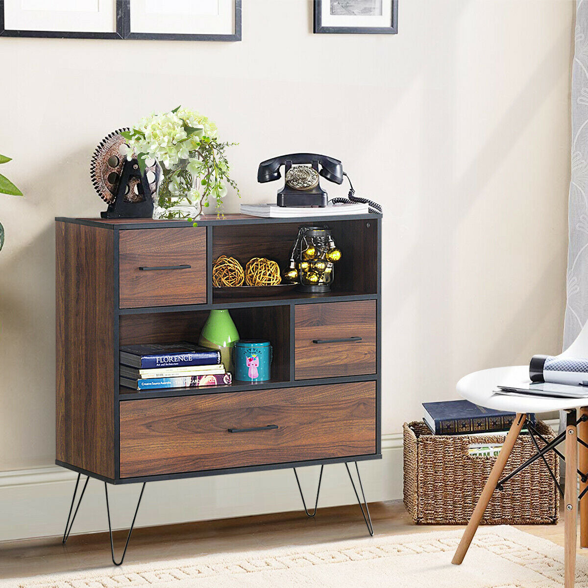 3-Tier Wood Storage Cabinet with Drawers and 4 Metal Legs