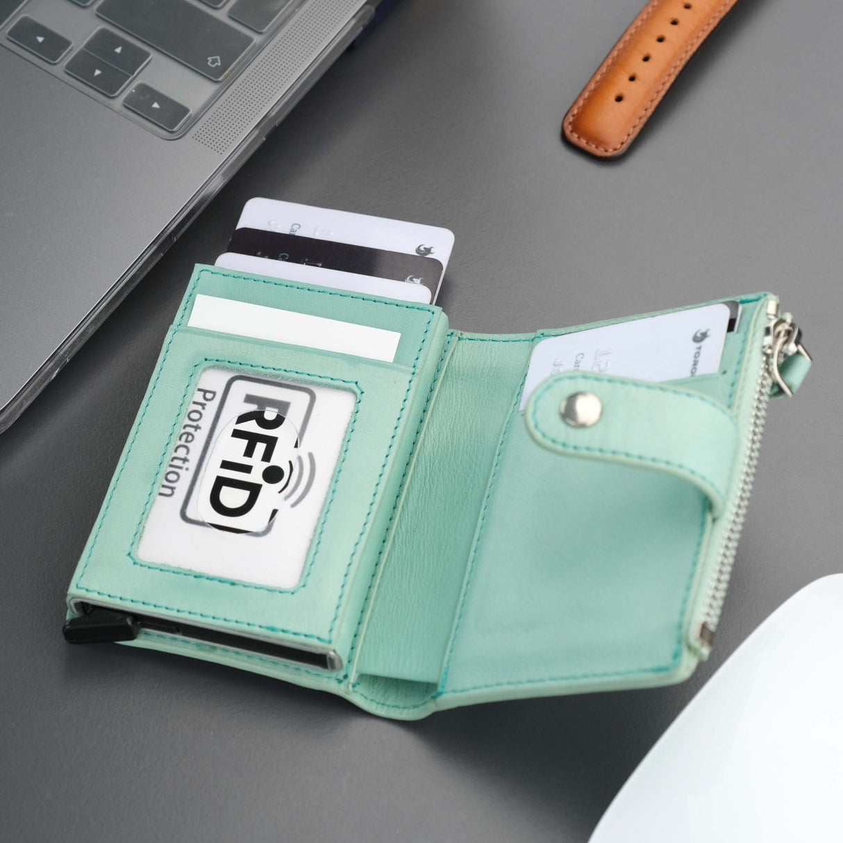 Glenrock Green Leather Pop-up Cardholder Wallet