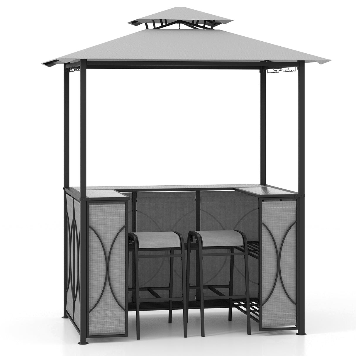 3-Piece Patio Bar Set Grill Gazebo & 2 Bar Stools with Tempered Glass Bar Table