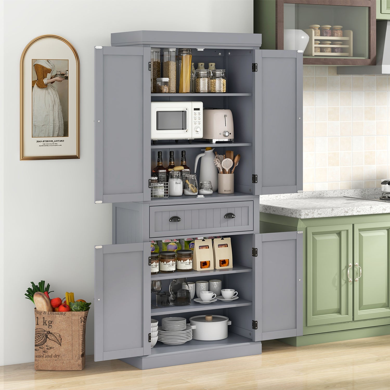 Cupboard Freestanding Kitchen Cabinet w/ Adjustable Shelves