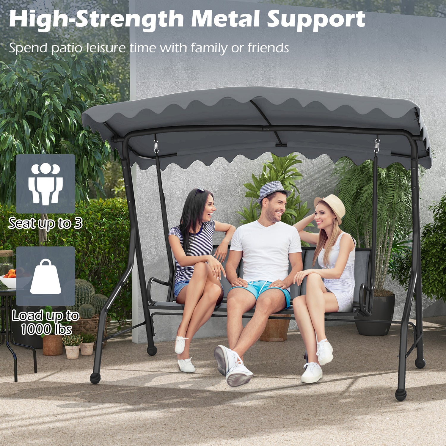 3-Seat Outdoor Porch Canopy Swing with Adjustable Shading