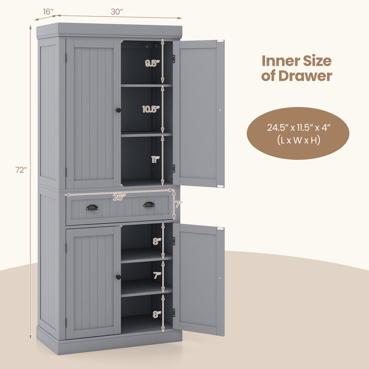 Cupboard Freestanding Kitchen Cabinet w/ Adjustable Shelves