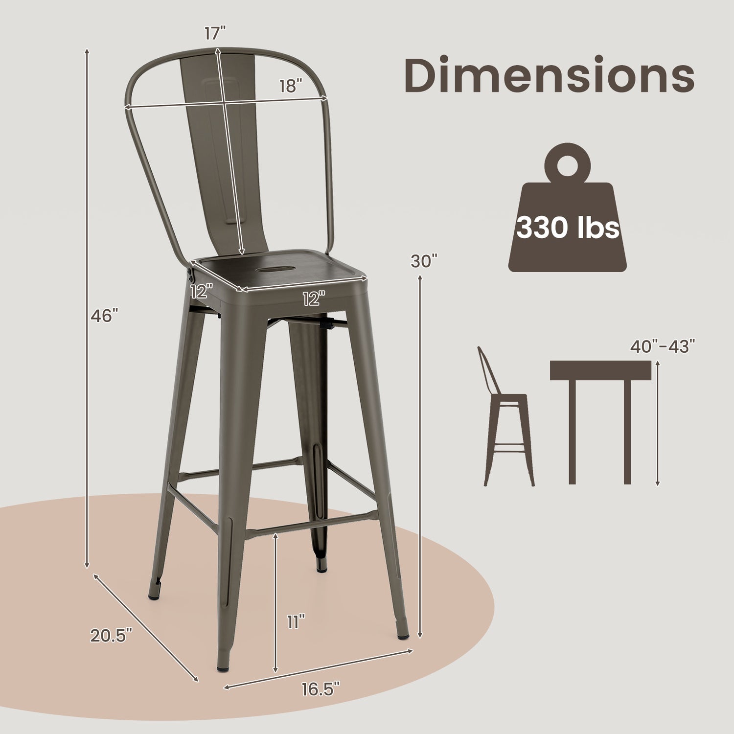 Set of 4 Bar Height Chairs Stackable Metal Bar Stools with Removable Backrest