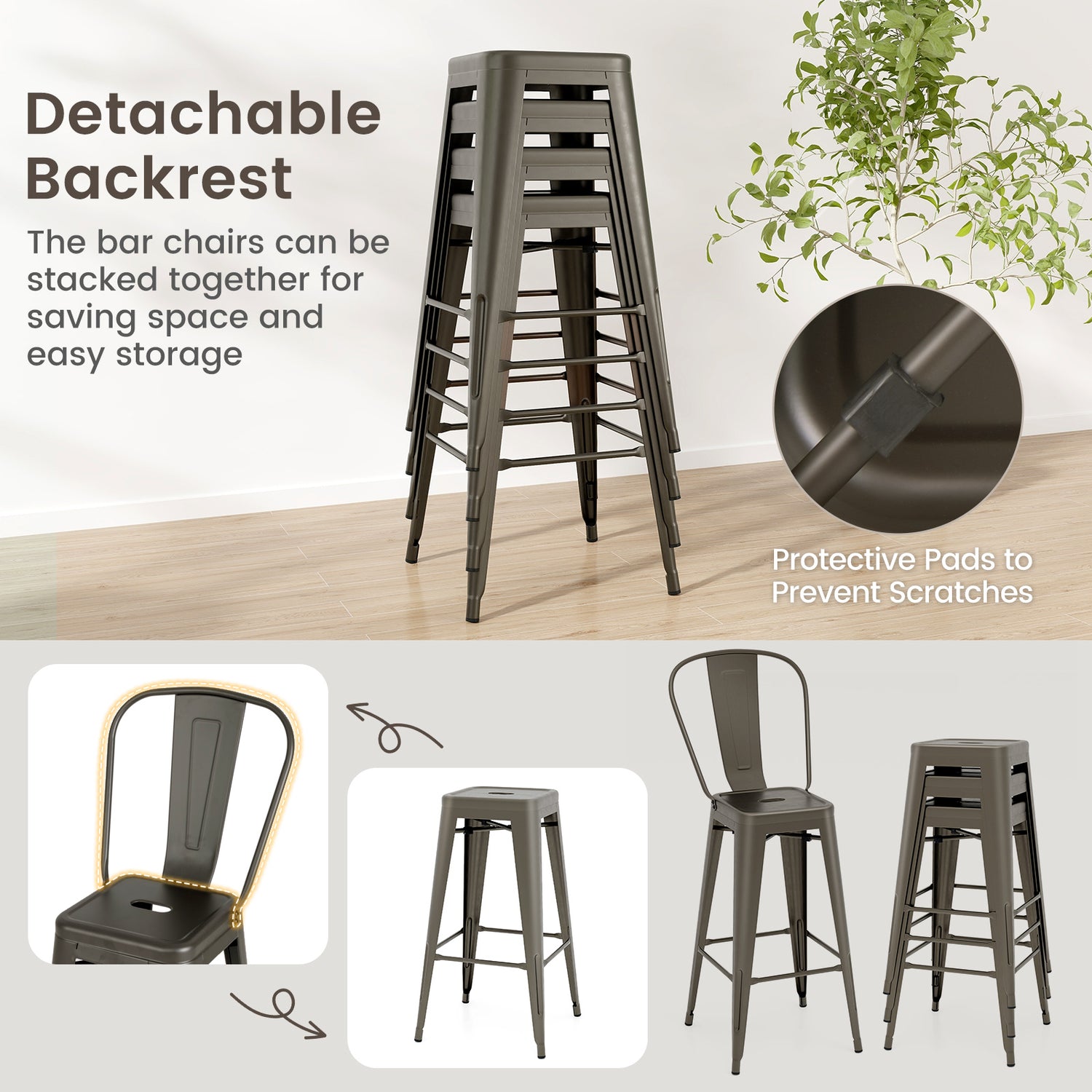 Set of 4 Bar Height Chairs Stackable Metal Bar Stools with Removable Backrest
