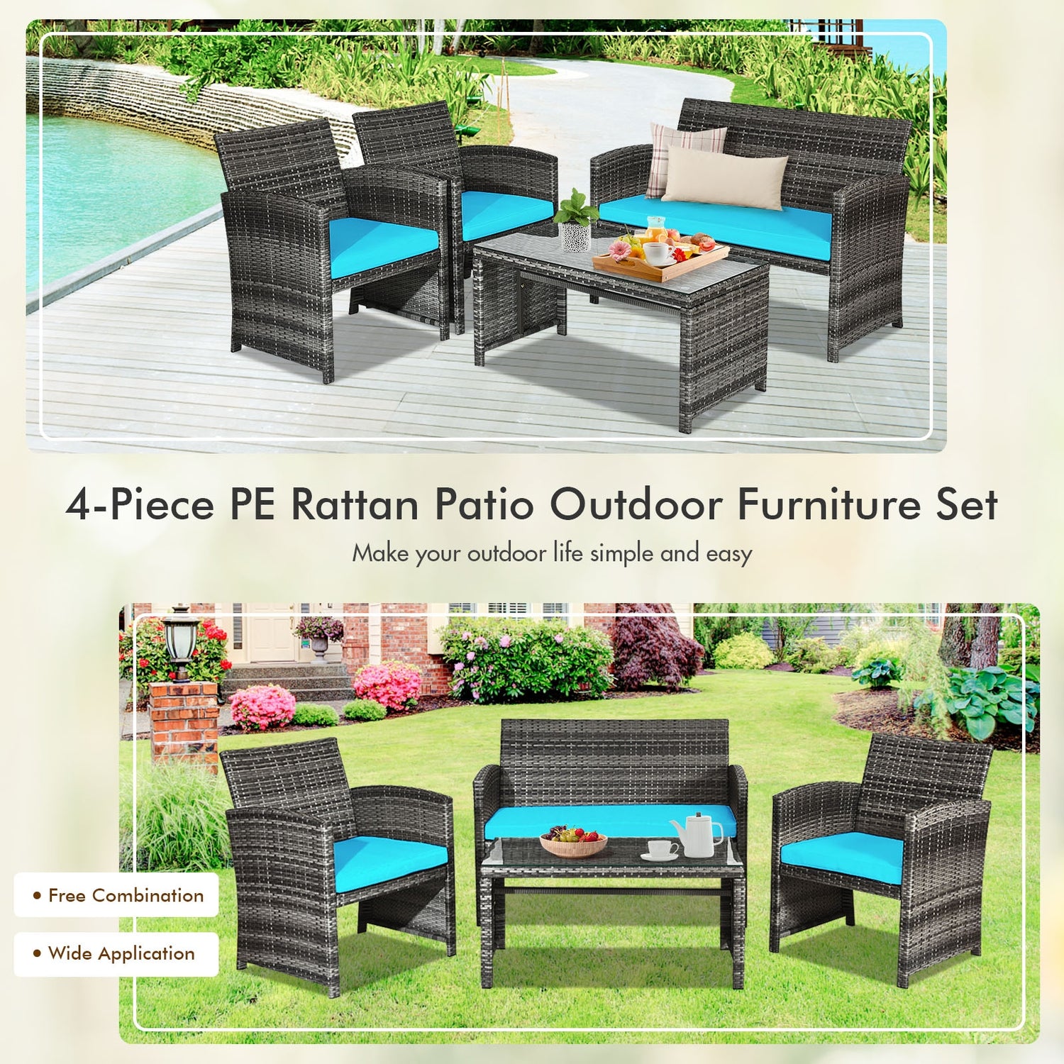 4 Pcs Patio Rattan Furniture Set Top Sofa With Glass Table