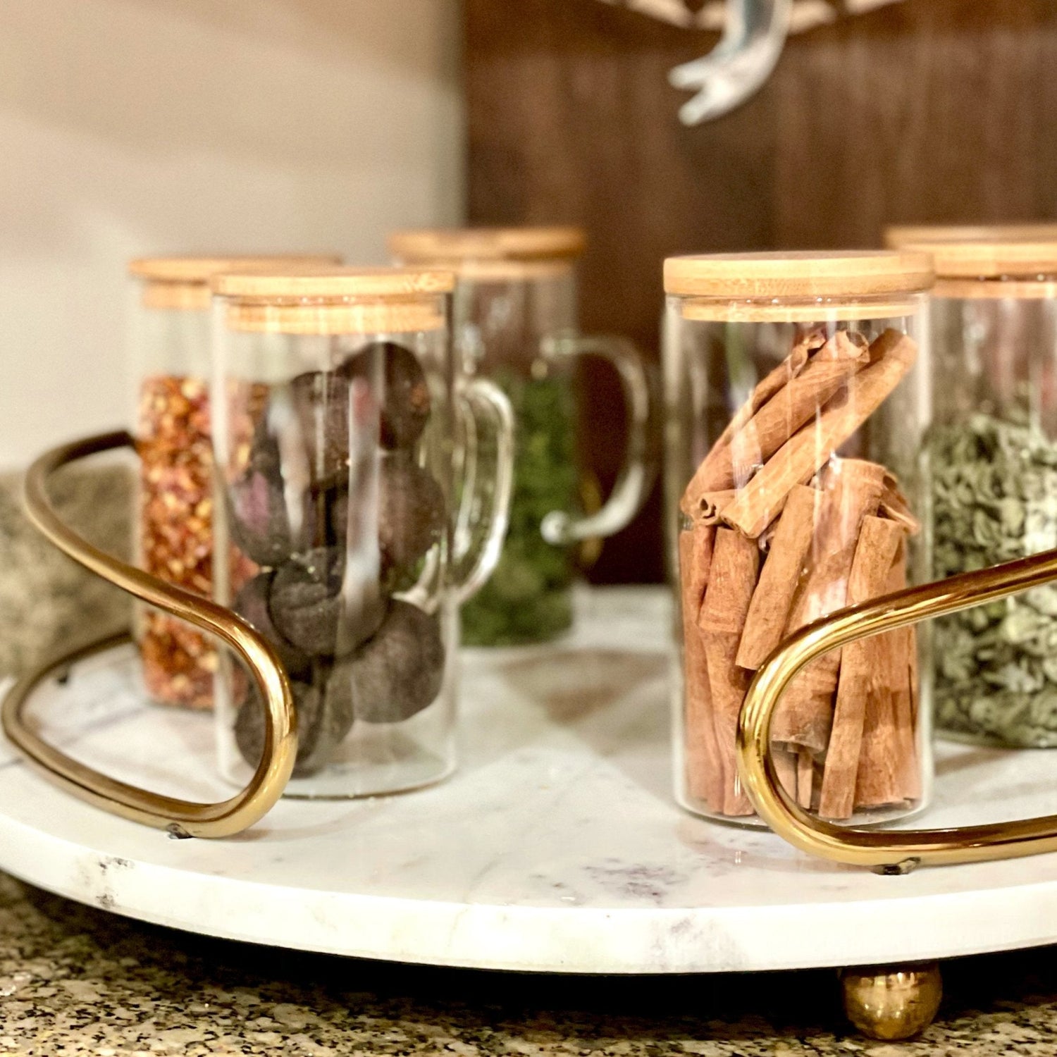 Hand Blown Glass & Bamboo Pitcher & Cups