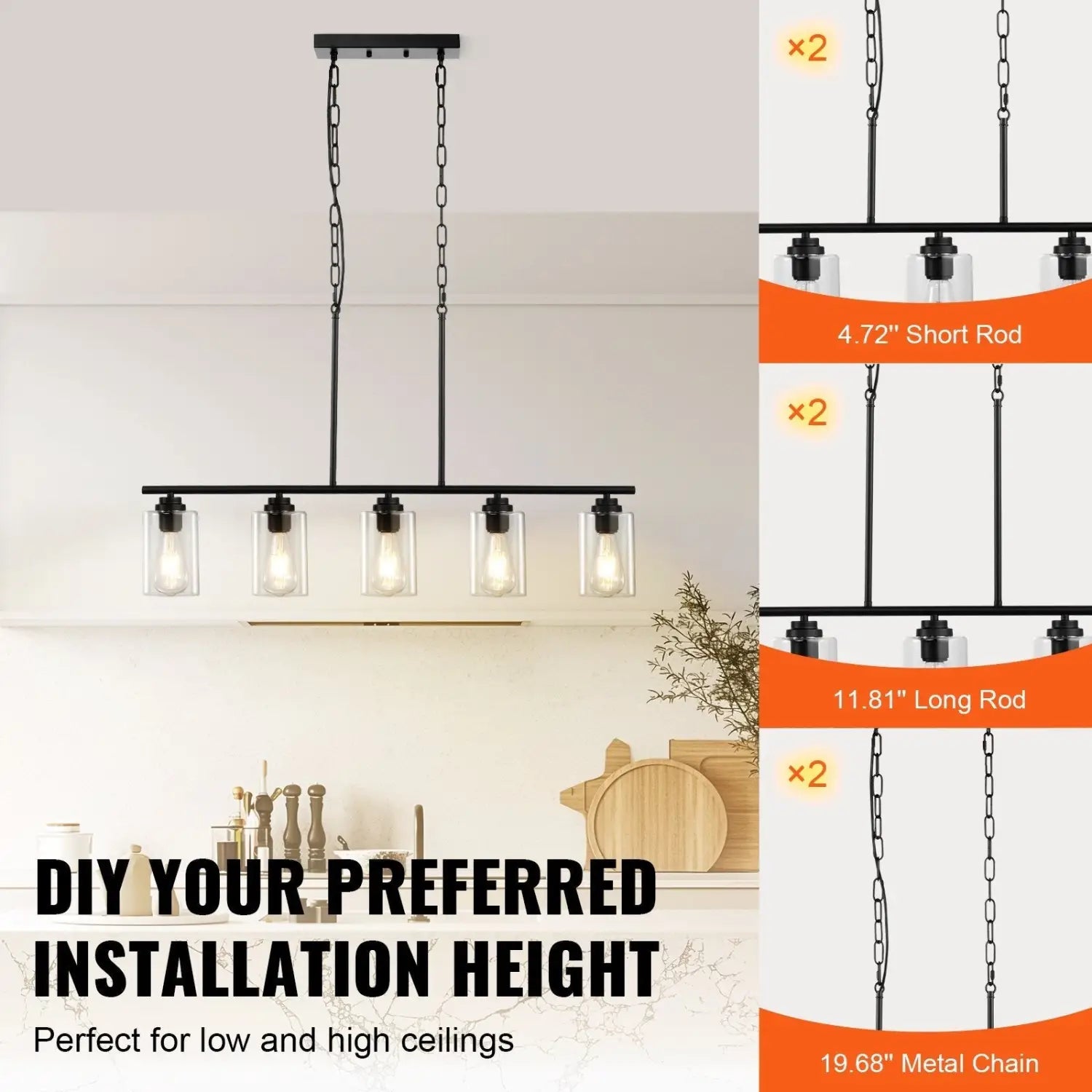 Hanging Pendant Lights for Kitchen Island with 5-Lights & Adjustable Design