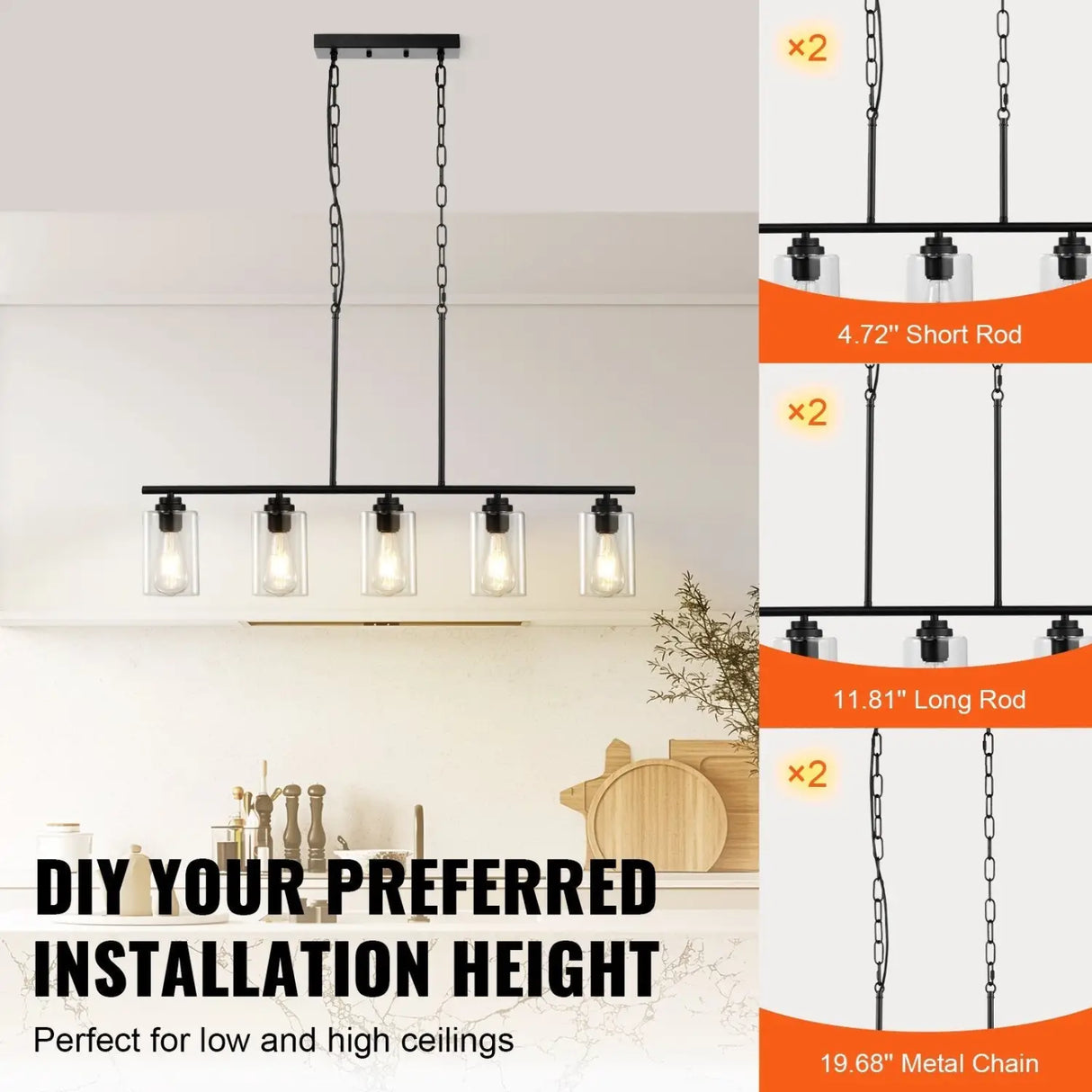 Hanging Pendant Lights for Kitchen Island with 5-Lights & Adjustable Design