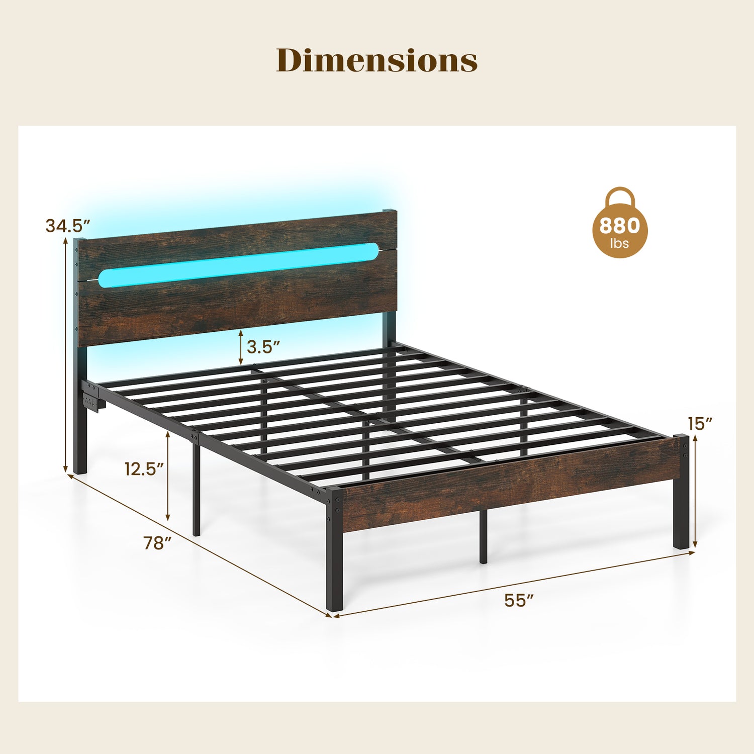Heavy-Duty Metal Slats Support Bed Platform with Charging Station