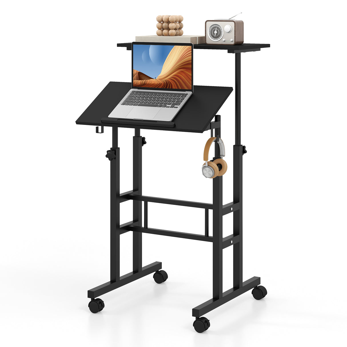 Height-adjustable Mobile Standing Desk with Split Top and Adjustable Angle