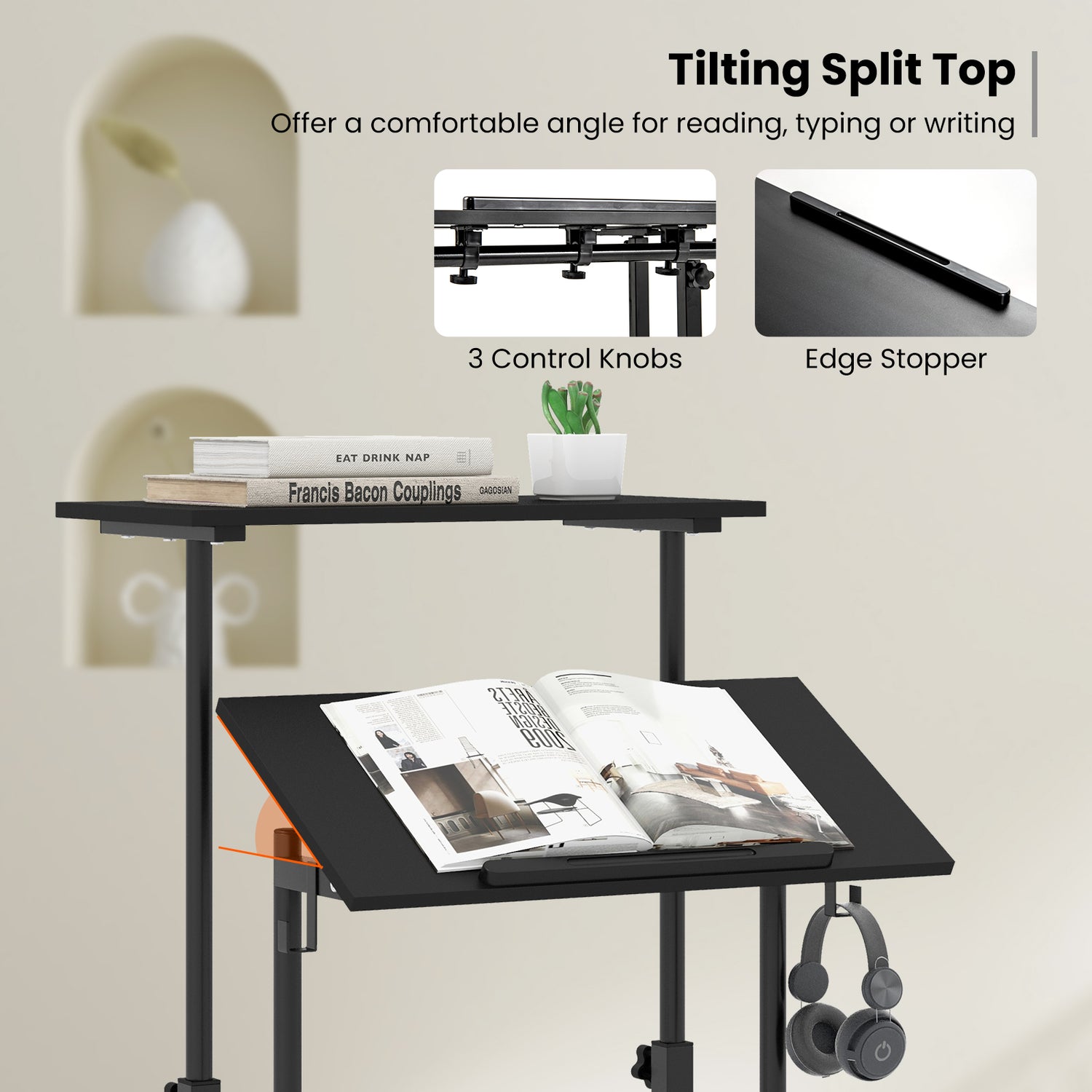 Height-adjustable Mobile Standing Desk with Split Top and Adjustable Angle