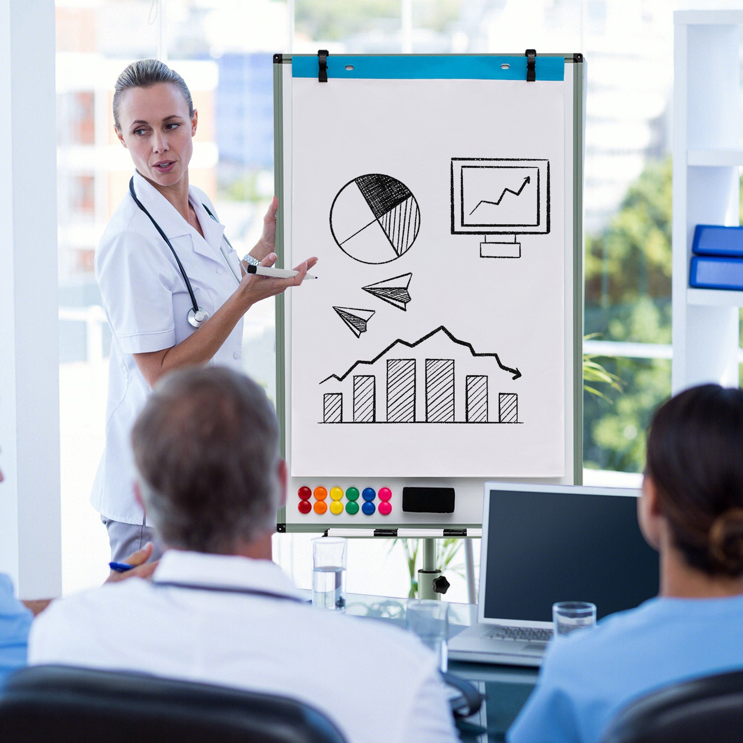 Height-Adjustable Mobile Whiteboard with Round Stand Paper Clips
