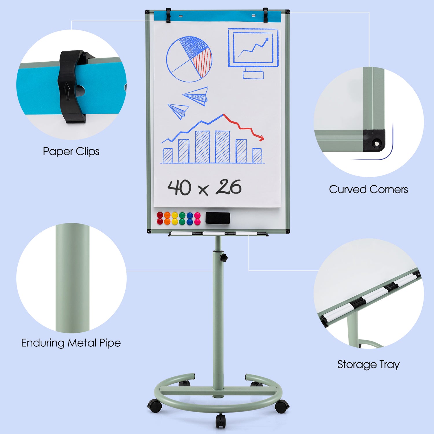 Height-Adjustable Mobile Whiteboard with Round Stand Paper Clips