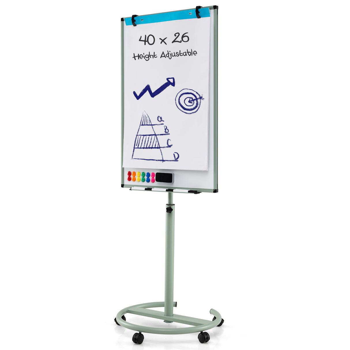 Height-Adjustable Mobile Whiteboard with Round Stand Paper Clips
