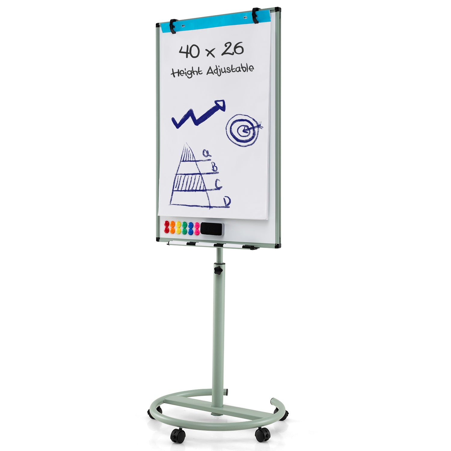 Height-Adjustable Mobile Whiteboard with Round Stand Paper Clips