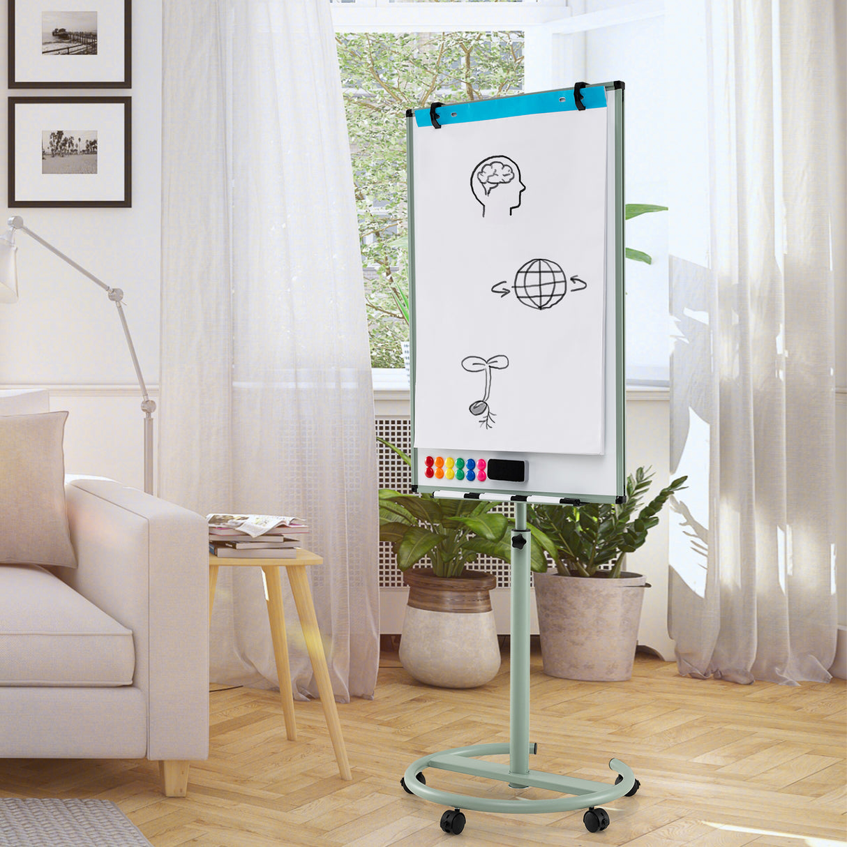 Height-Adjustable Mobile Whiteboard with Round Stand Paper Clips