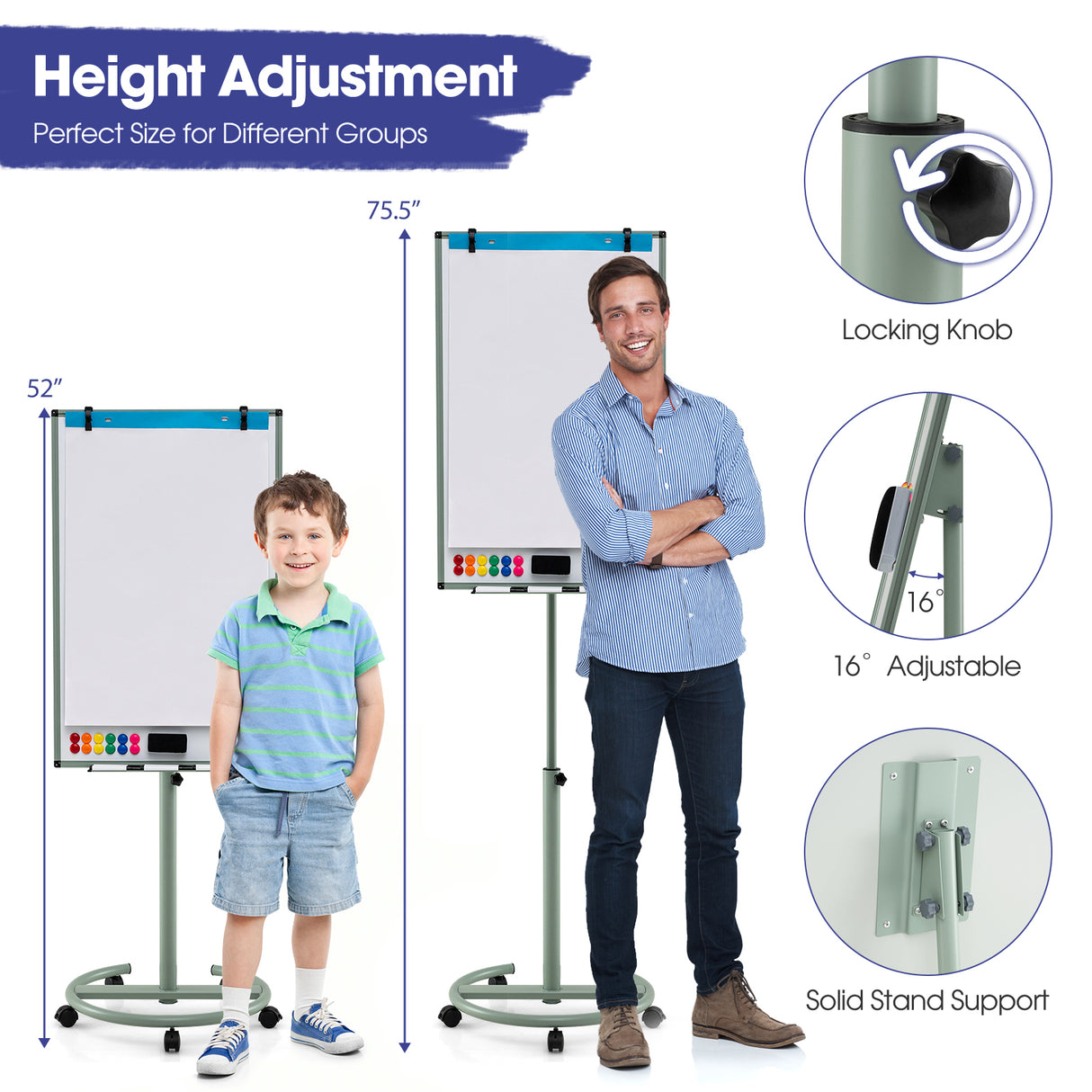 Height-Adjustable Mobile Whiteboard with Round Stand Paper Clips