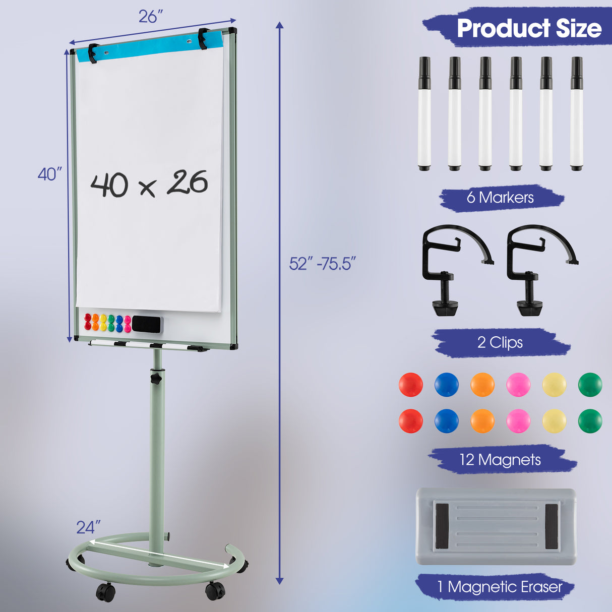 Height-Adjustable Mobile Whiteboard with Round Stand Paper Clips