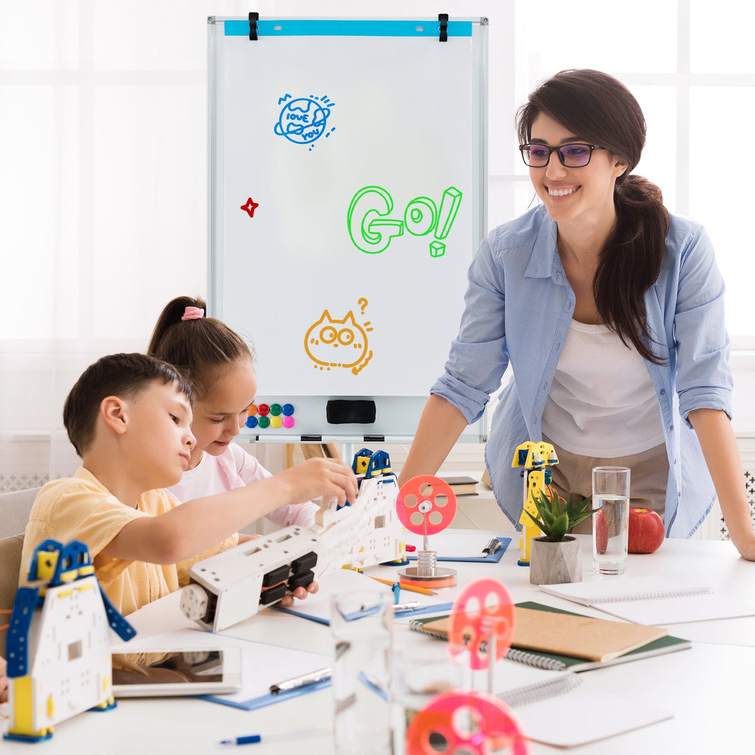 Height-Adjustable Mobile Whiteboard with Round Stand Paper Clips