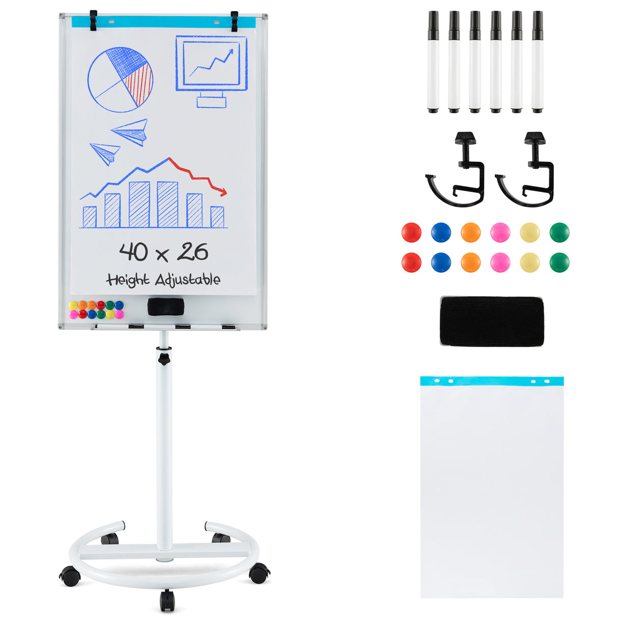 Height-Adjustable Mobile Whiteboard with Round Stand Paper Clips
