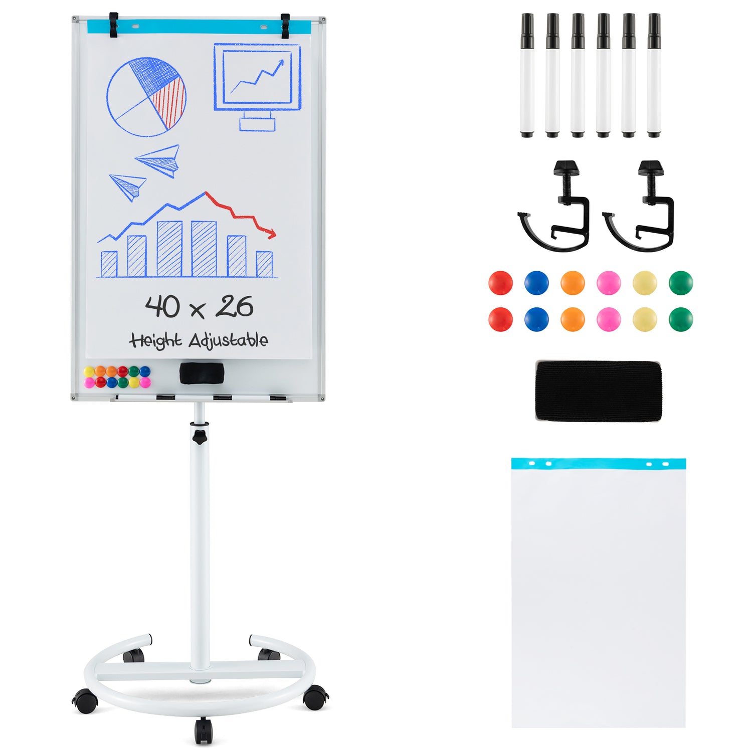Height-Adjustable Mobile Whiteboard with Round Stand Paper Clips