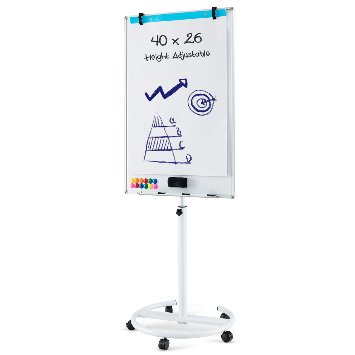 Height-Adjustable Mobile Whiteboard with Round Stand Paper Clips