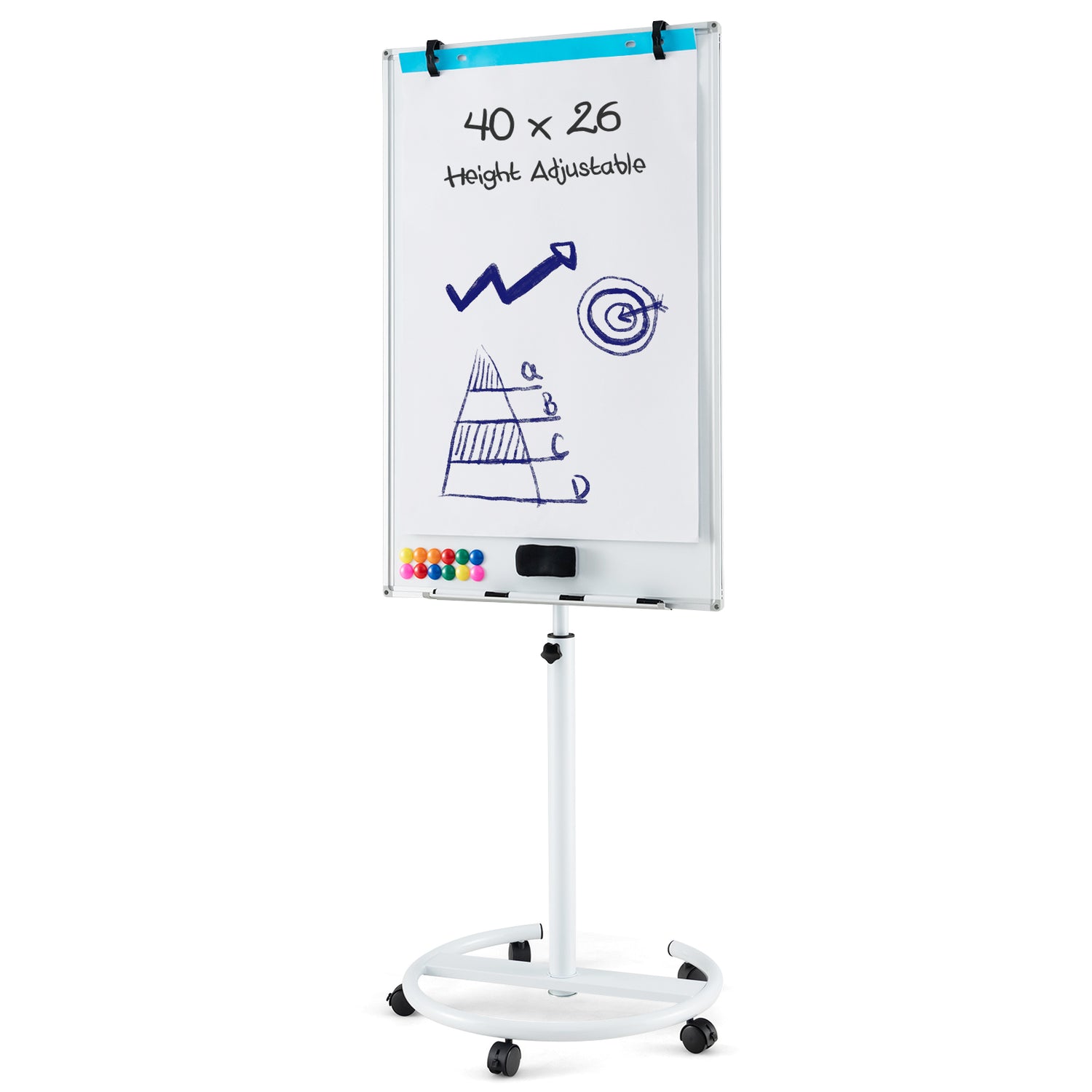 Height-Adjustable Mobile Whiteboard with Round Stand Paper Clips