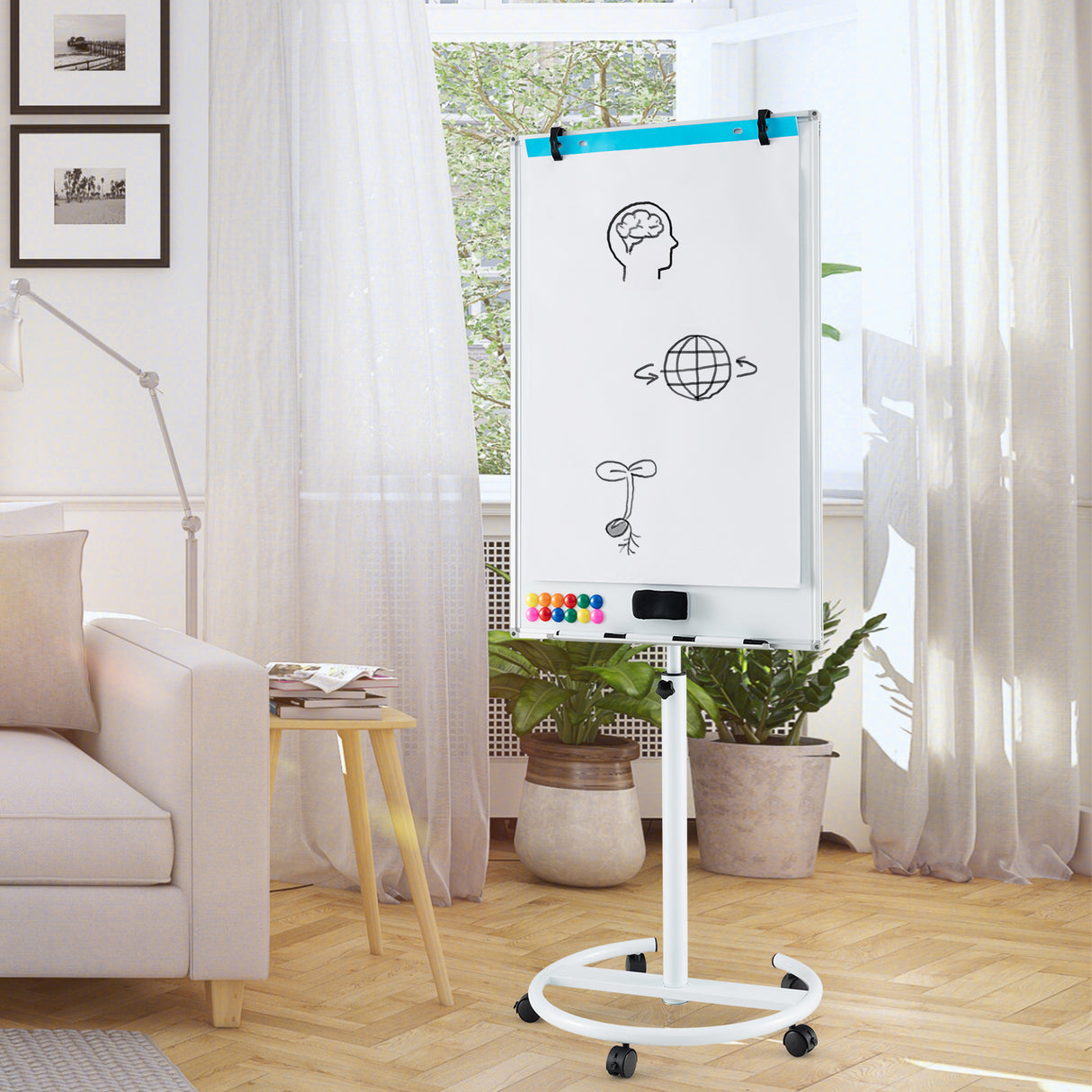 Height-Adjustable Mobile Whiteboard with Round Stand Paper Clips