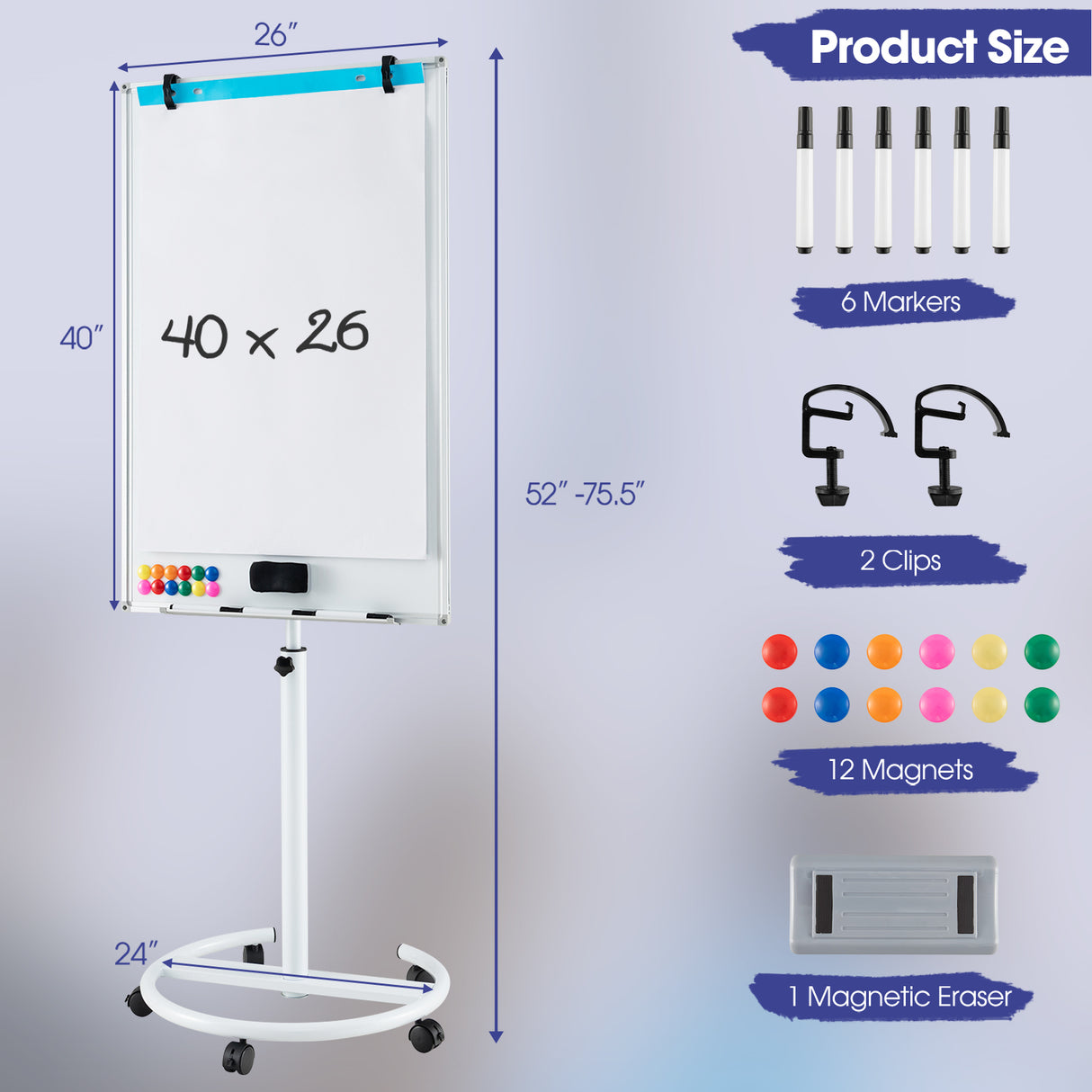 Height-Adjustable Mobile Whiteboard with Round Stand Paper Clips