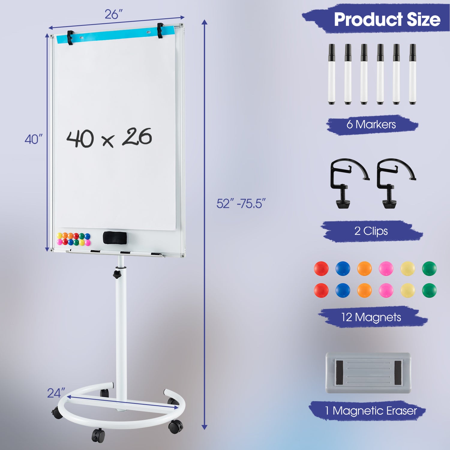 Height-Adjustable Mobile Whiteboard with Round Stand Paper Clips