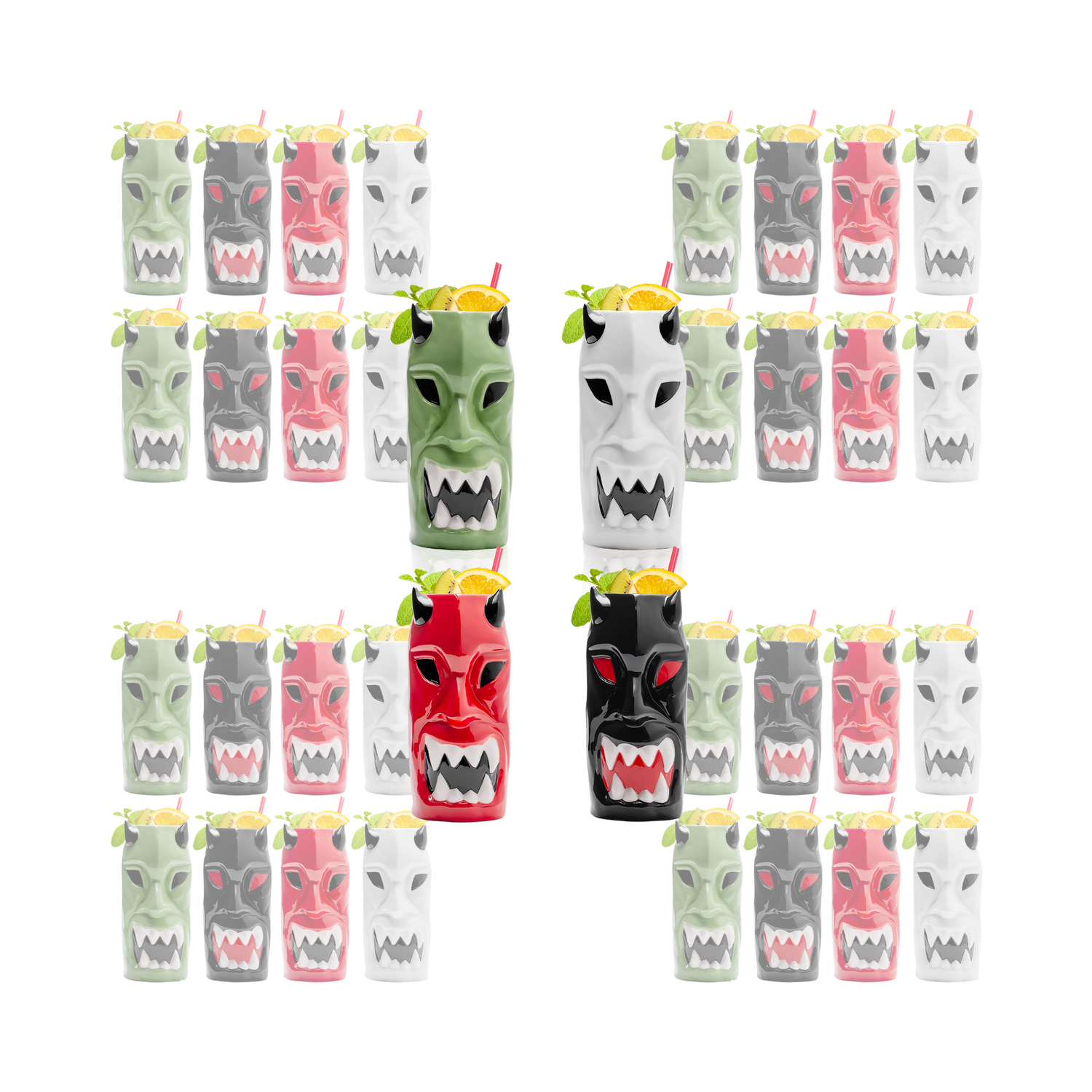 Ceramic Horned Hawaiian Tiki Mugs (Set of 4)