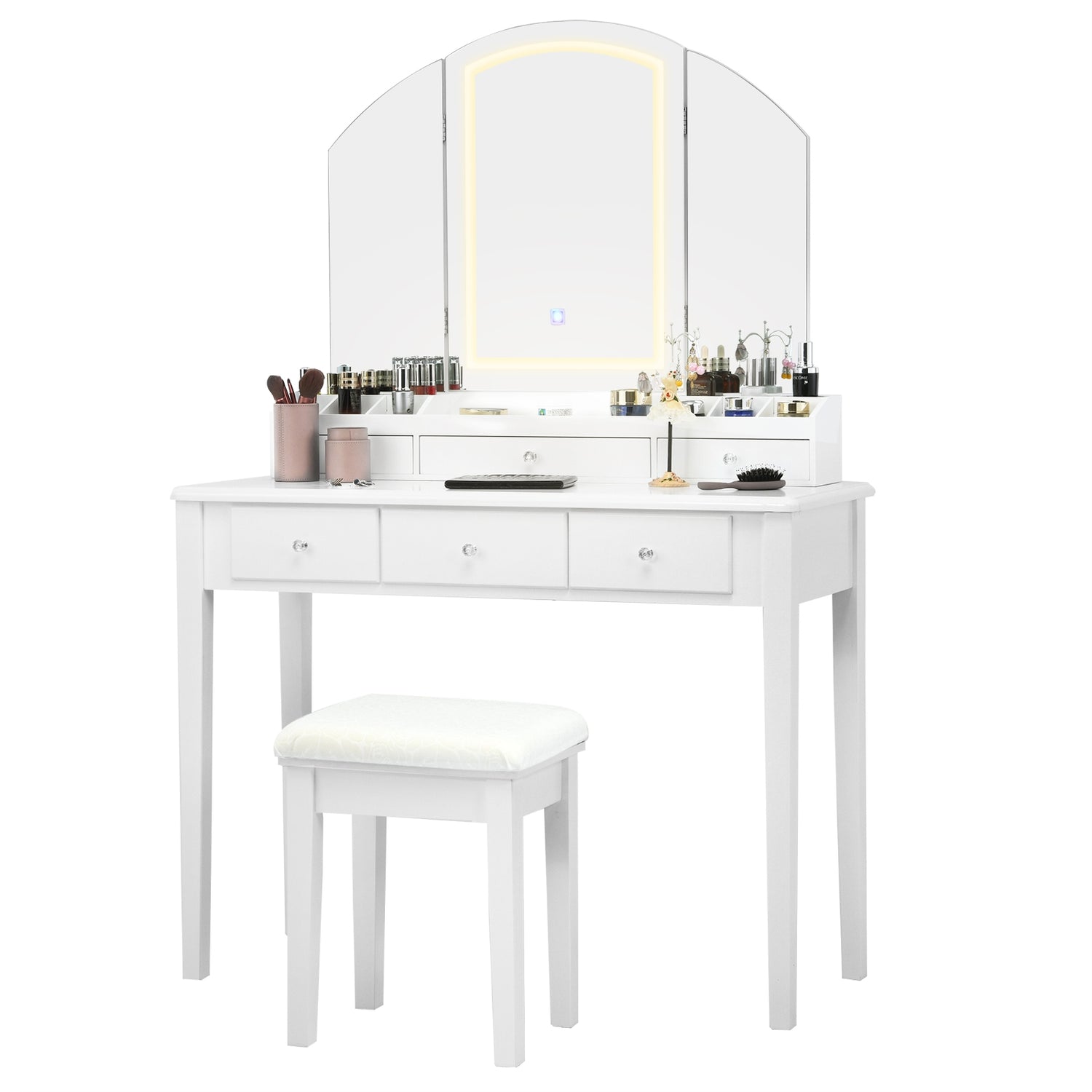 Vanity Table Stool Set with Large Tri-folding Lighted Mirror