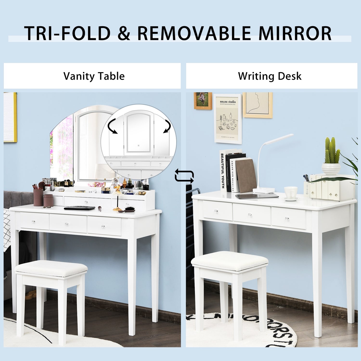 Vanity Table Stool Set with Large Tri-folding Lighted Mirror