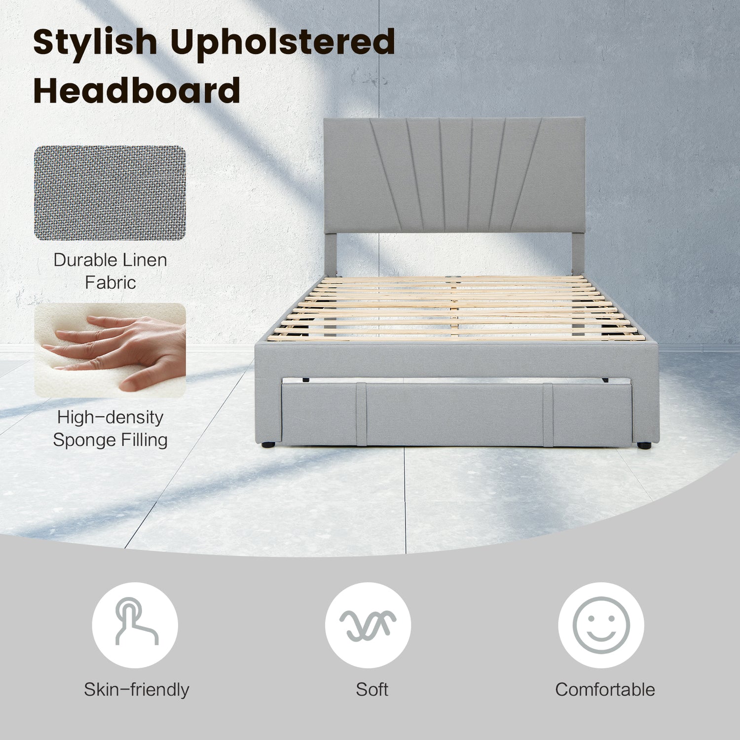 Full/Queen Size Upholstered Bed Frame with Drawer and Adjustable Headboard