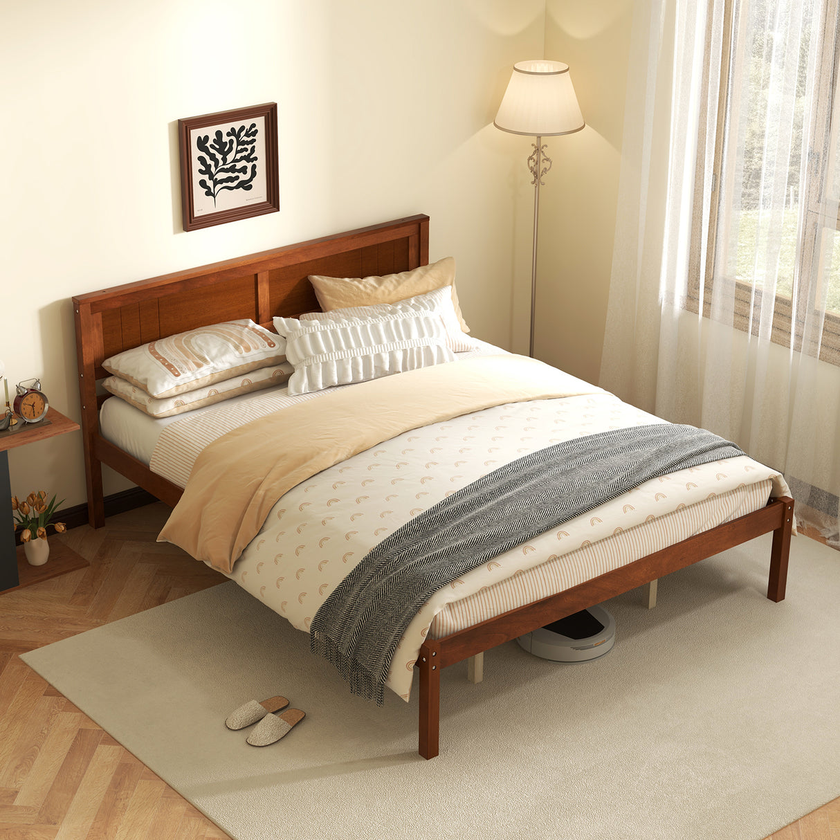 Twin/Full/Queen Size Bed Frame with Wooden Headboard and Slat Support