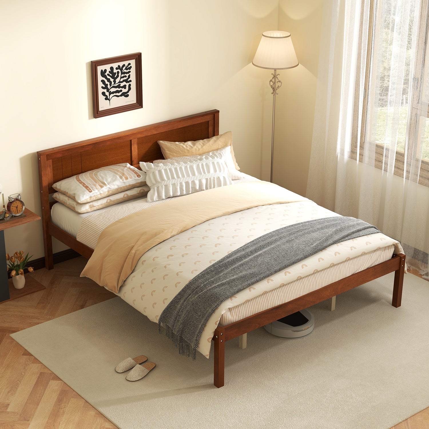 Twin/Full/Queen Size Bed Frame with Wooden Headboard and Slat Support