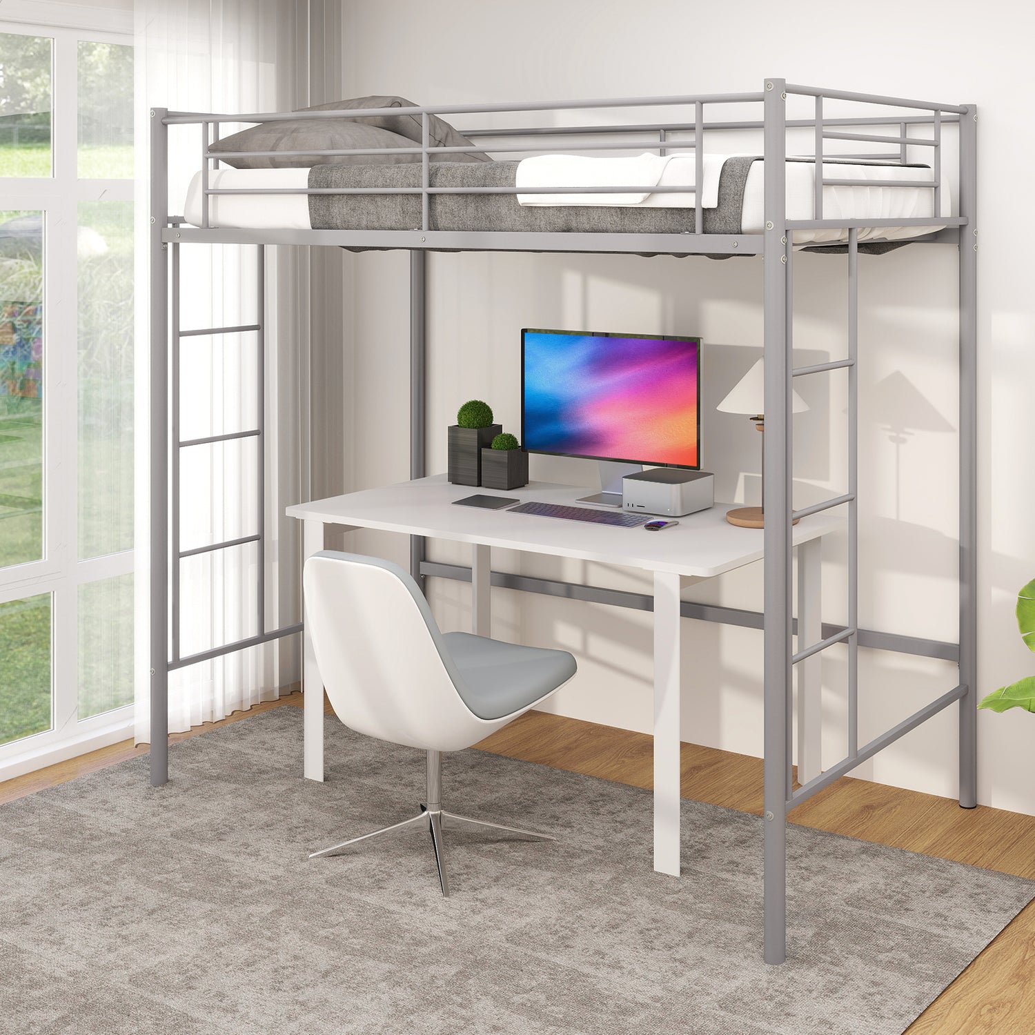 Twin Loft Bed Frame with 2 Ladders Full-length Guardrail