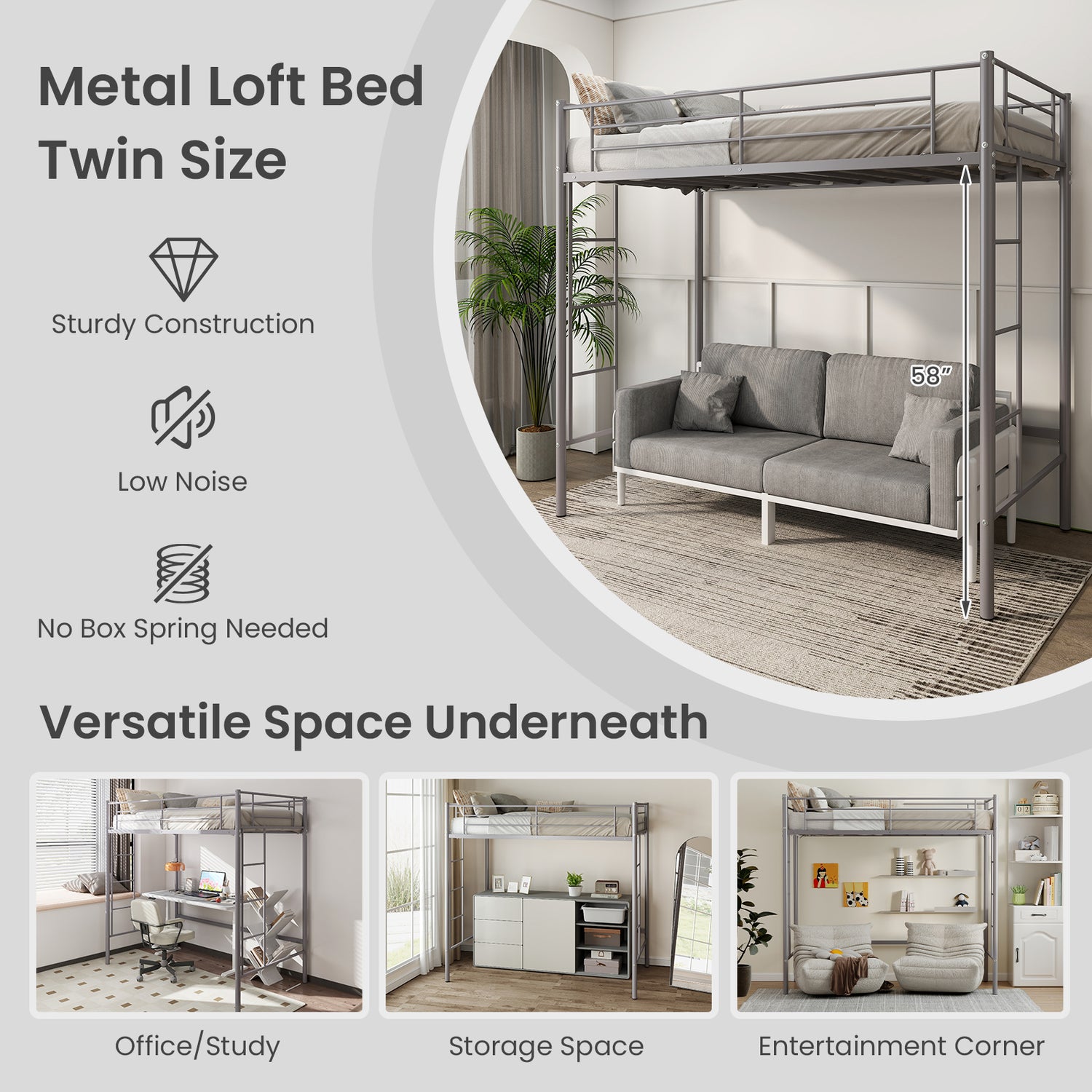 Twin Loft Bed Frame with 2 Ladders Full-length Guardrail