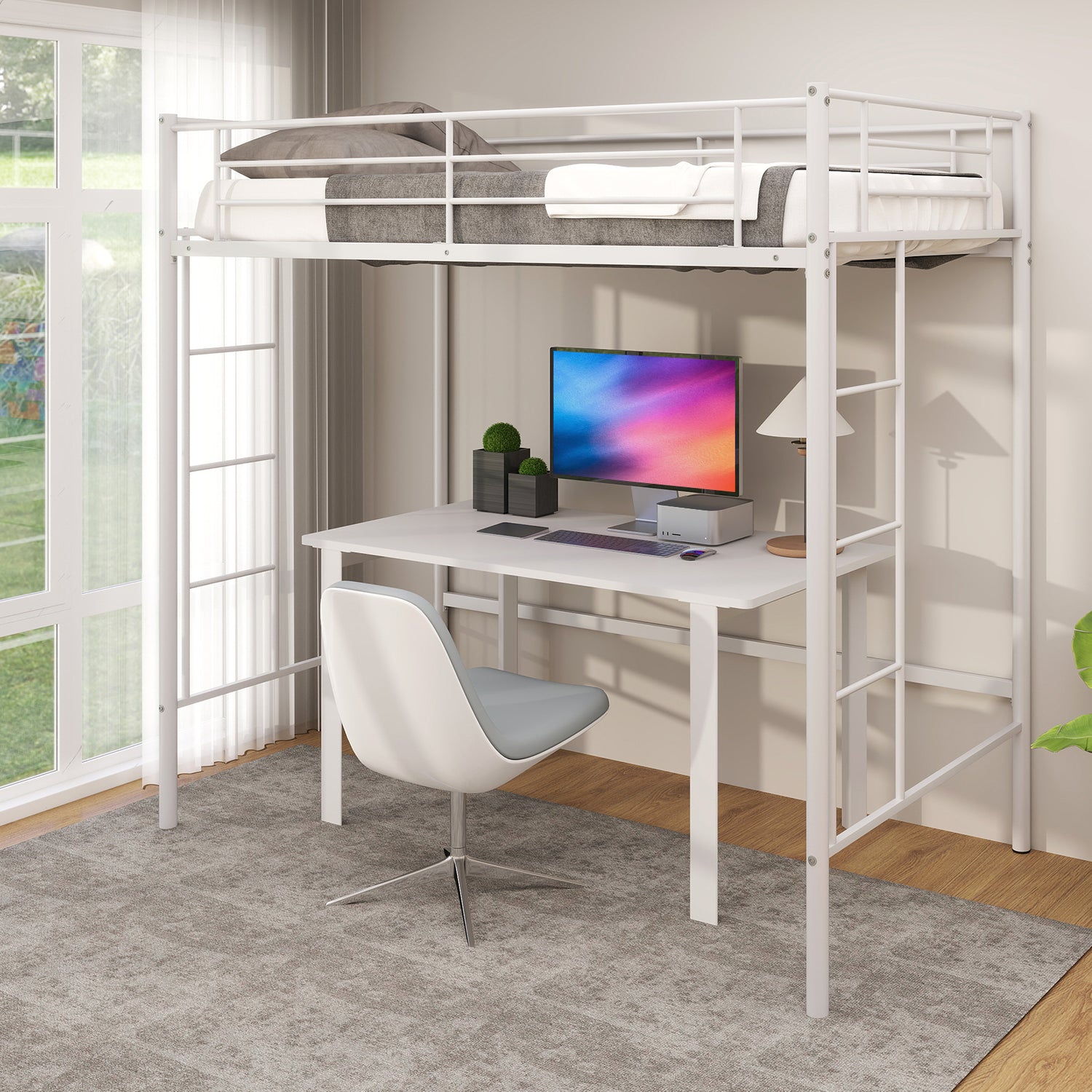Twin Loft Bed Frame with 2 Ladders Full-length Guardrail