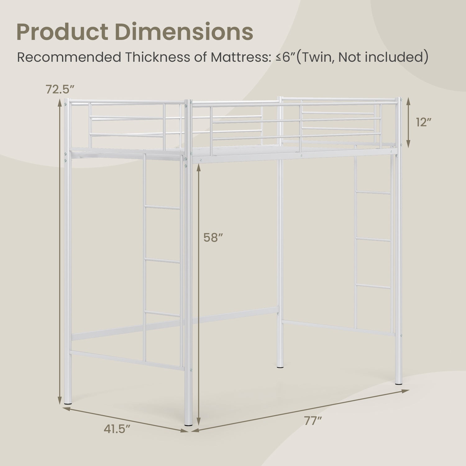 Twin Loft Bed Frame with 2 Ladders Full-length Guardrail
