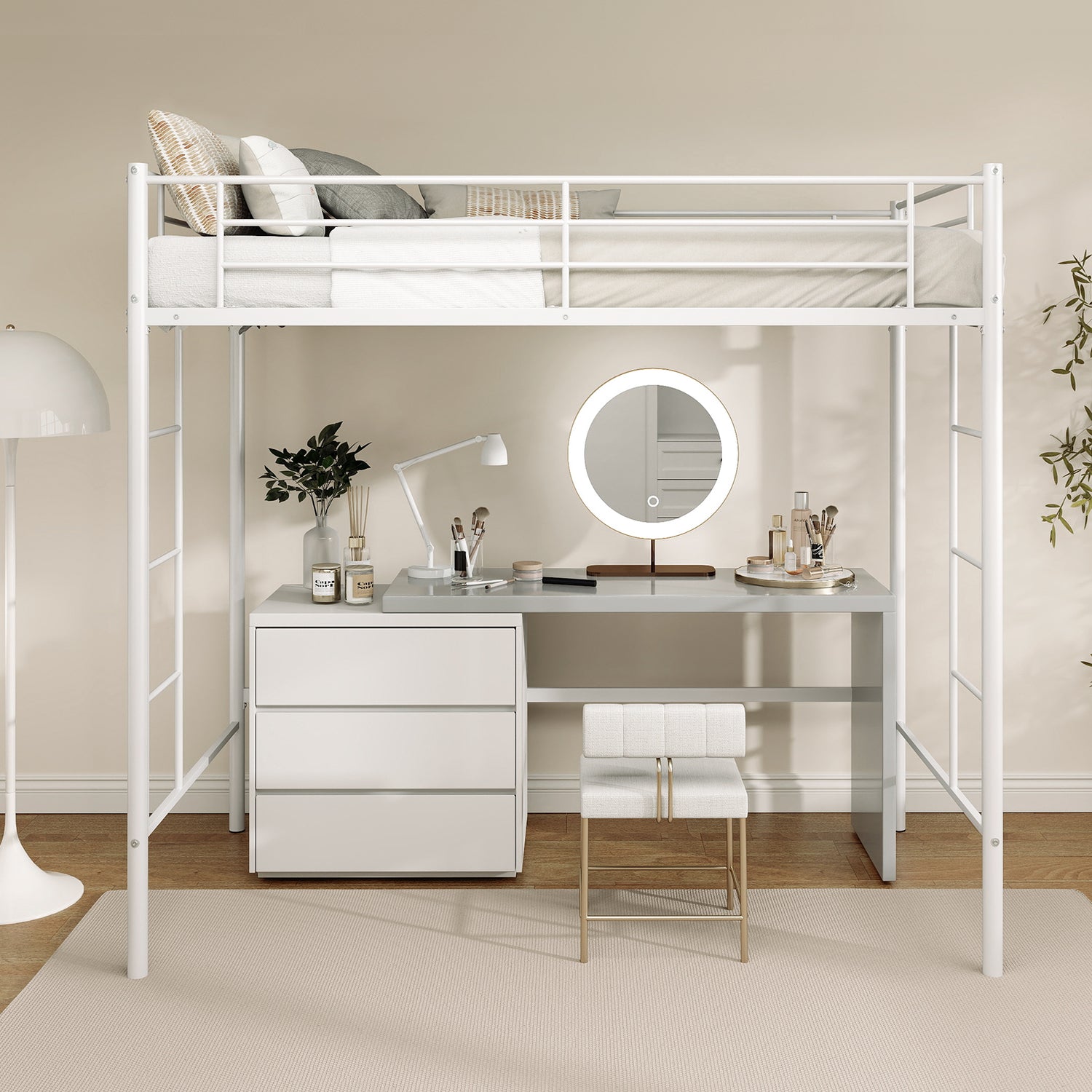 Twin Loft Bed Frame with 2 Ladders Full-length Guardrail