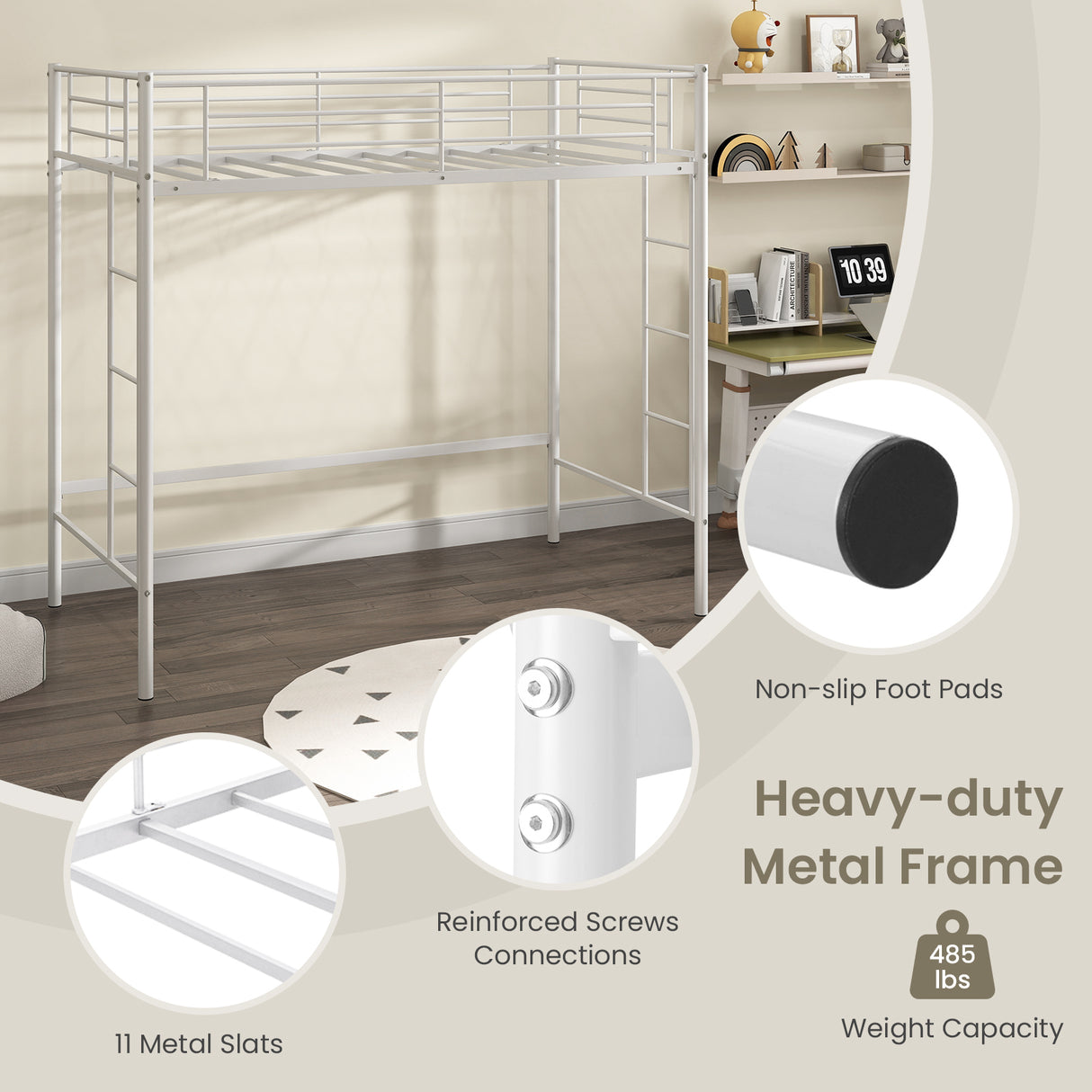 Twin Loft Bed Frame with 2 Ladders Full-length Guardrail