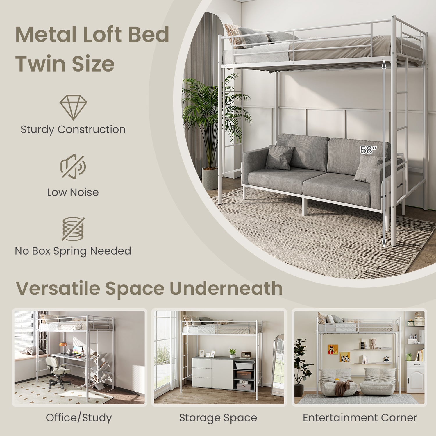 Twin Loft Bed Frame with 2 Ladders Full-length Guardrail