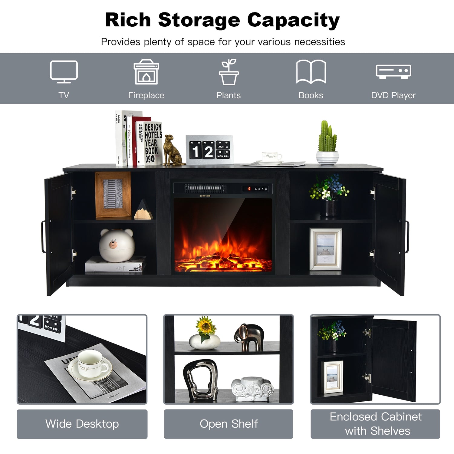 58 Inch TV Stand with 1500W Faux Fireplace for TVs up to 65 Inch