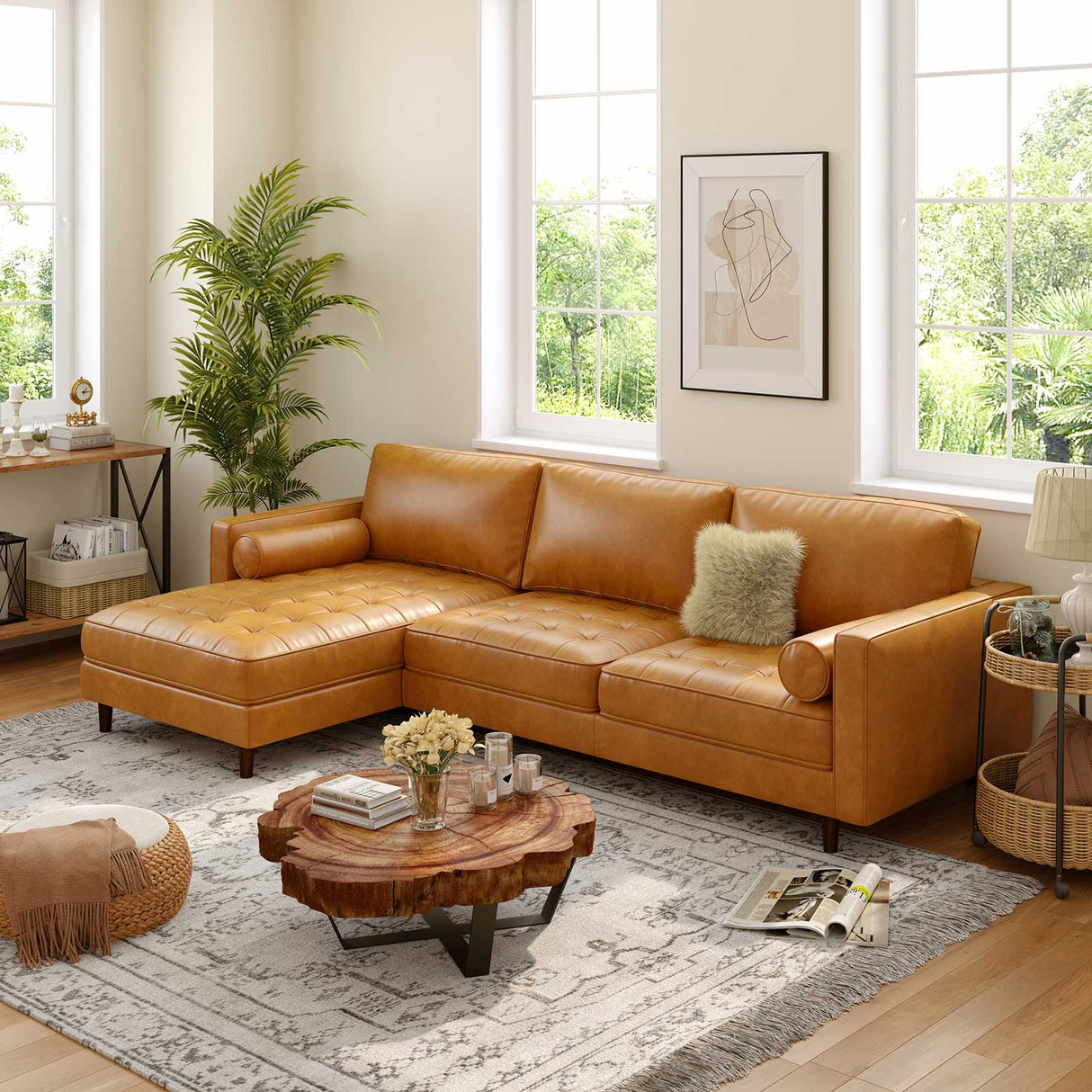 3-Seat L-Shaped Sectional Sofa Couch for Living Room-Brown