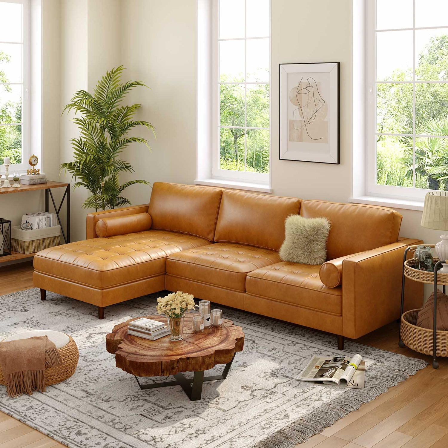 3-Seat L-Shaped Sectional Sofa Couch for Living Room-Brown