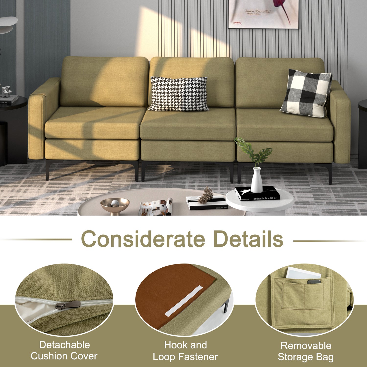 Convertible Leather Sofa Couch with Magazine Pockets 3-Seat with 2 USB Port