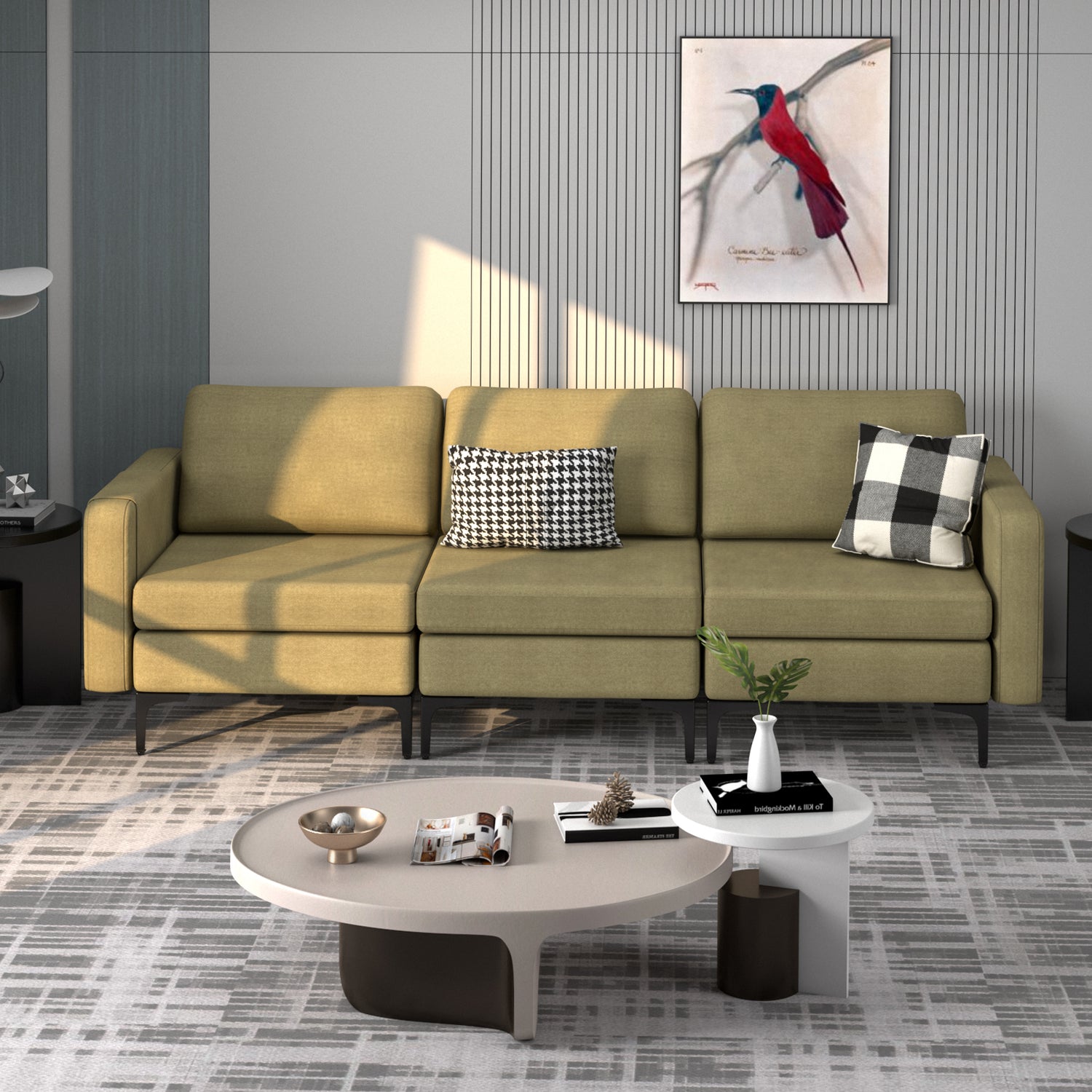 Convertible Leather Sofa Couch with Magazine Pockets 3-Seat with 2 USB Port