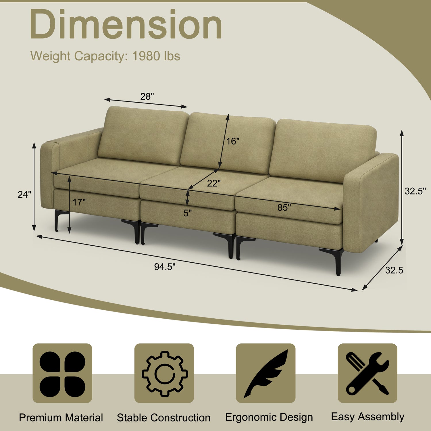 Convertible Leather Sofa Couch with Magazine Pockets 3-Seat with 2 USB Port